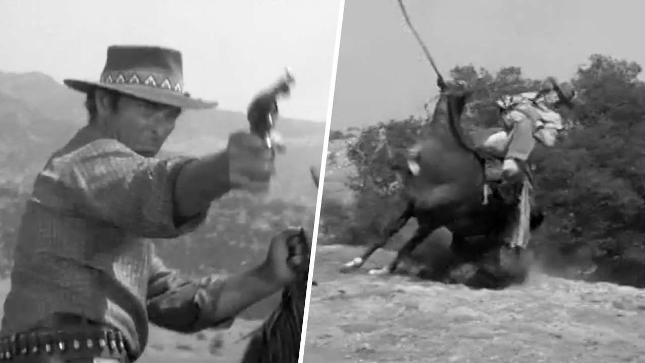 Lee Van Cleef tire sur le personnage incarné par Clint Eastwood